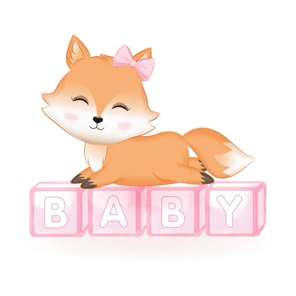 かわいい狐と赤ちゃんのおもちゃ箱手描き漫画イラスト水彩の背景 — ストックベクタ