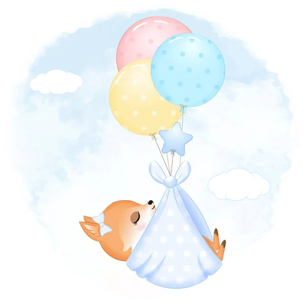 Carino Baby Fox Con Palloncino Neonato Illustrazione Cartone Animato — Vettoriale Stock