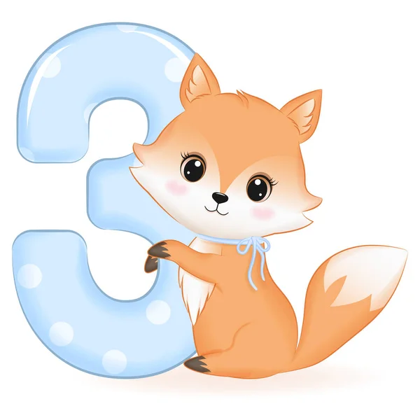 Cute Baby Fox Number Cartoon Illustration — Stock Vector