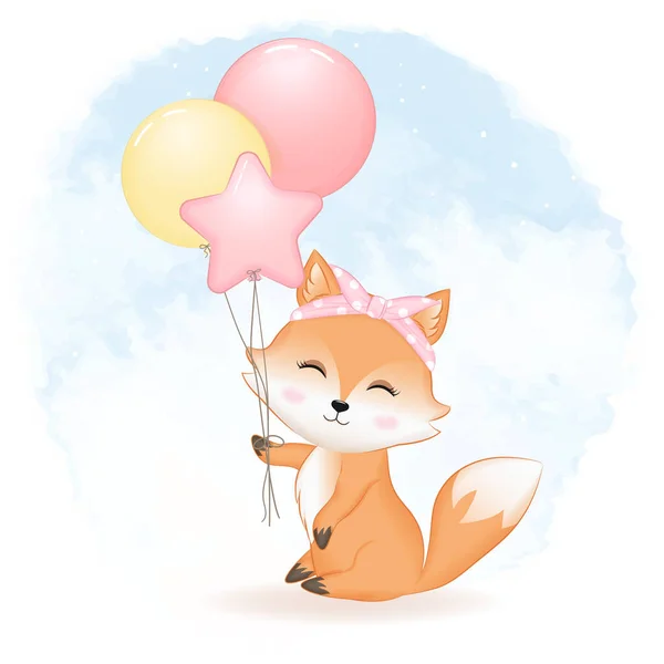 かわいい狐と風船手描き漫画イラスト水彩背景 — ストックベクタ