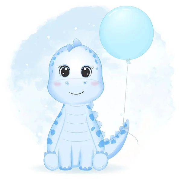带气球的可爱的小恐龙 原始的动物卡通画 — 图库矢量图片