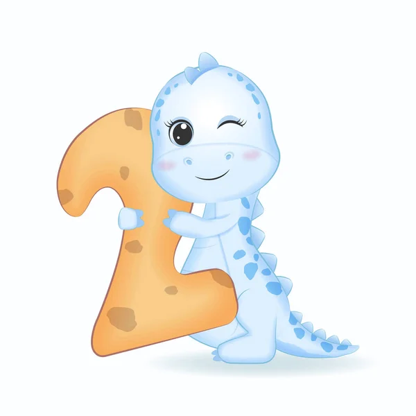 Schattige Blauwe Dinosaurus Met Nummer Cartoon Illustratie Vectorbeelden