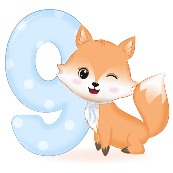Cute Baby Fox Con Número Ilustración Dibujos Animados — Archivo Imágenes Vectoriales