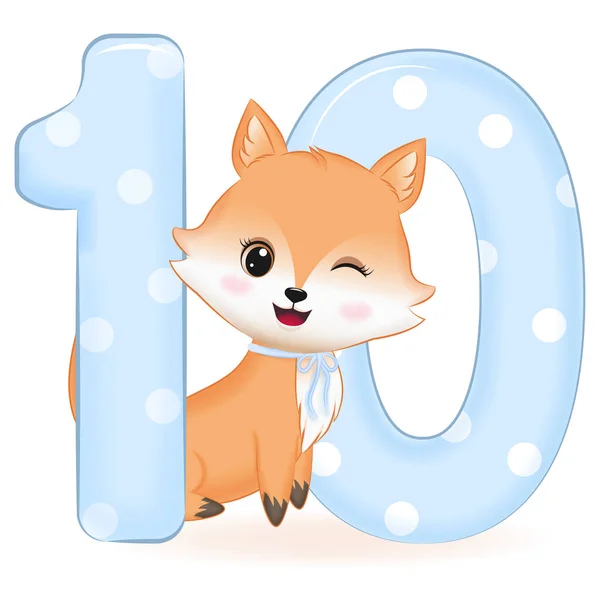 Carino Baby Fox Con Numero Illustrazione Cartone Animato — Vettoriale Stock