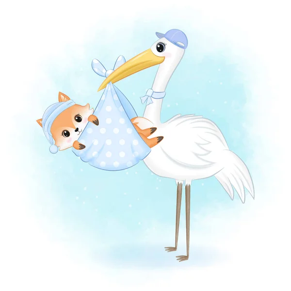 Burung Bangau Membawa Bayi Fox Ilustrasi Konsep Yang Baru Lahir - Stok Vektor
