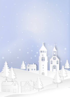 Tepedeki köye kış tatili karı yağıyor. Noel sezonu kağıt kesimi stil illüstrasyonu.