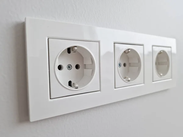 Power Line Wall Socket Close European Mains Connector Ground Earth — Stock Photo, Image
