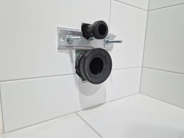 Wall mount fixture for toilet wc bowl mounting, two canalization pipes with rubber gaskets