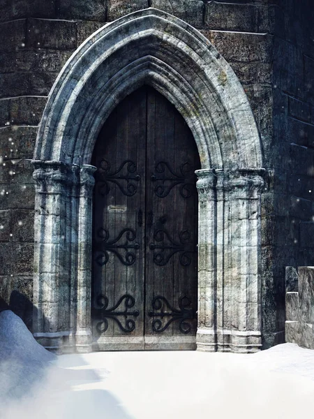 Porta Gótica Para Castelo Com Neve Sua Frente Renderização — Fotografia de Stock