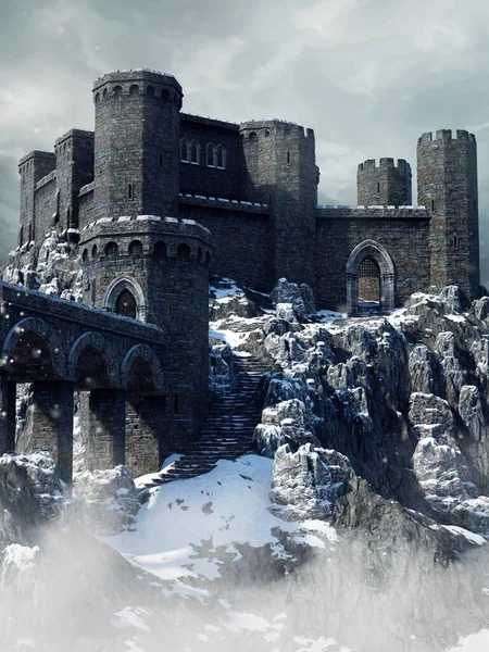 Старый Средневековый Замок Мостом Скалах Покрытых Снегом Рендеринг — стоковое фото