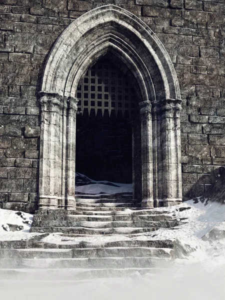 冬には鉄の棒と城への階段で門 3Dレンダリング — ストック写真