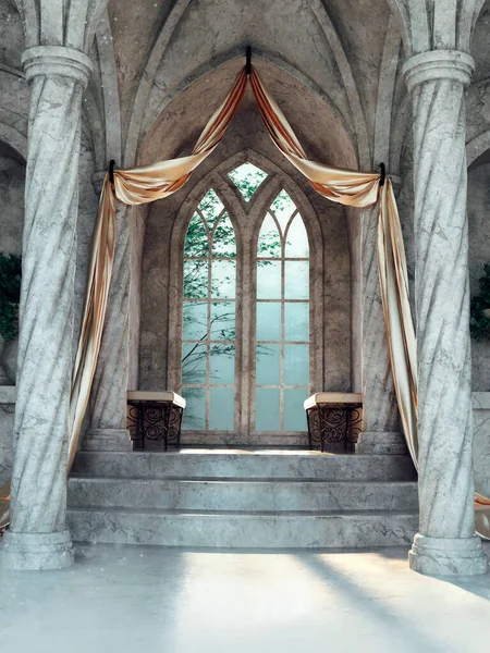 カーテン付きの美しい装飾されたファンタジーウィンドウ 3Dレンダリング — ストック写真