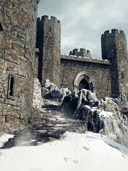 楼梯到一个被雪覆盖的中世纪城堡 3D渲染 — 图库照片