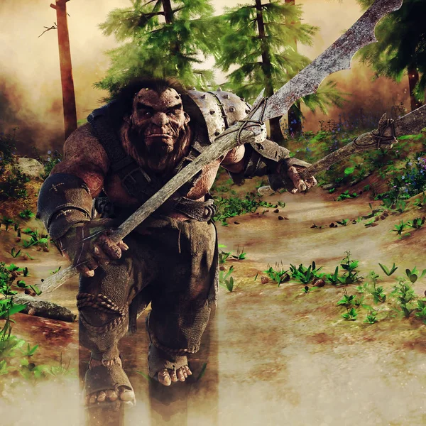 Fantasy Dwarf Warrior Long Rusty Sword Render — Stock Photo, Image