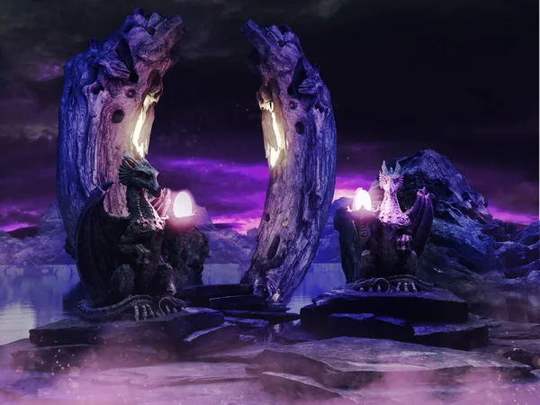 龍の像がある湖の上の紫色の神社 3Dレンダリング — ストック写真