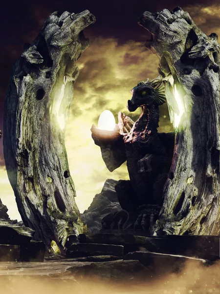 Kamenný Oblouk Fantasy Dračí Sochou Svírající Lampu Vykreslení — Stock fotografie