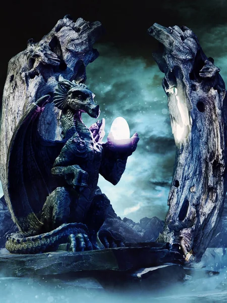 青い龍の像と石のアーチと霧の風景 3Dレンダリング — ストック写真