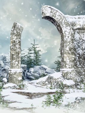 Eski gotik harabe, kış manzaralı karla kaplı bir kapı. 3 Boyutlu Hazırlama.