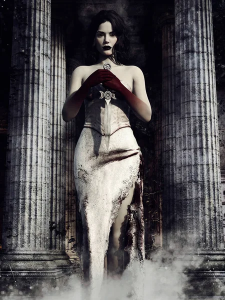 Готическая Сцена Женщиной Вампиром Держащей Кинжал Стоящей Между Каменными Колоннами — стоковое фото