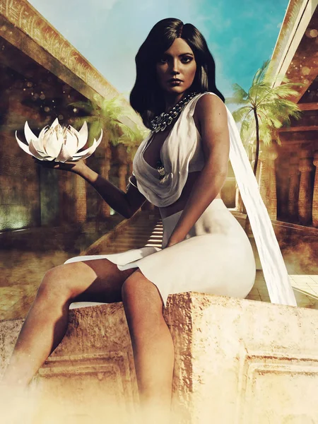 Ancient Egyptian Priestess Holding Lotus Flower Sitting Stairs Temple Render — Stock Photo, Image