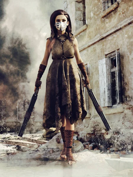 Kvinna Mask Med Två Hagelgevär Och Gata Apokalyptisk Förstörd Stad — Stockfoto