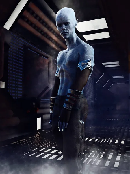 Bir Uzay Gemisinin Karanlık Koridorunda Duran Mavi Derili Uzaylı Adam — Stok fotoğraf