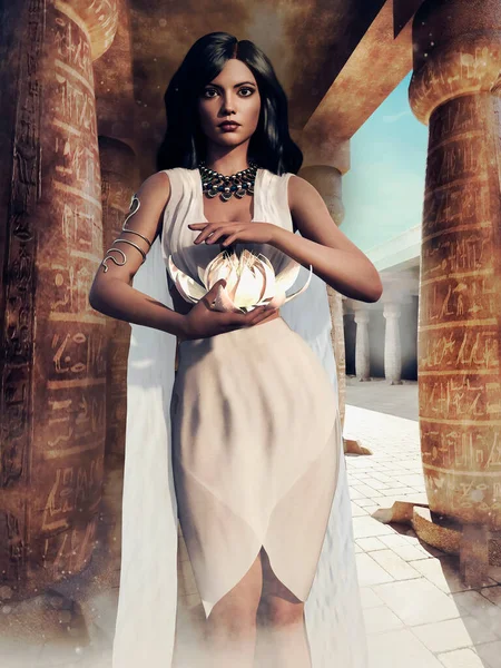 Ancient Egyptian Priestess Standing Two Columns Hieroglyphs Holding Lotus Flower — Stock Photo, Image