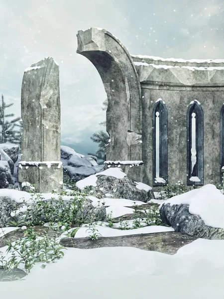 Фантазия Разрушила Ворота Снежном Пейзаже Скалами Покрытыми Снегом Рендеринг — стоковое фото
