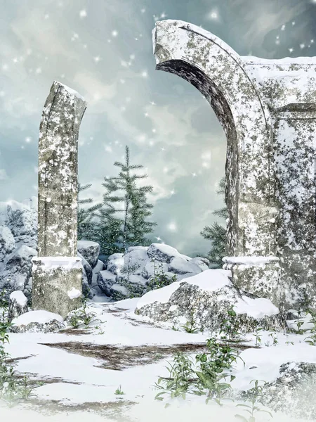 冬の風景の中に雪で覆われた古いゴシック様式の廃墟の門 3Dレンダリング — ストック写真