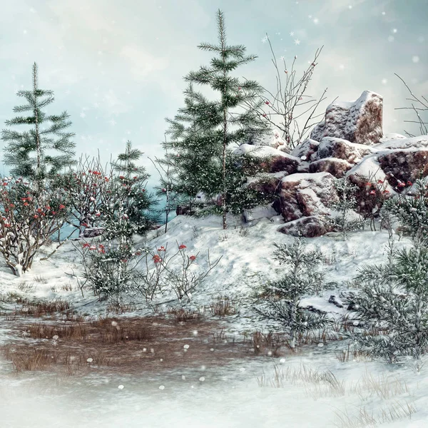 Πολύχρωμο Χειμερινό Τοπίο Βράχια Και Έλατα Καλυμμένα Χιόνι Απόδοση — Φωτογραφία Αρχείου