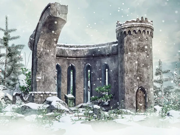 Φάντασι Πέτρινα Ερείπια Ένα Χιονισμένο Τοπίο Δέντρα Στο Παρασκήνιο Απόδοση — Φωτογραφία Αρχείου