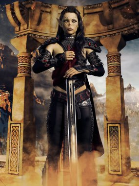 Fantezi kadın savaşçı Elf kulaklı bir kılıç ile dağlarda bir kapının önünde duruyor. 3 Boyutlu Hazırlama.