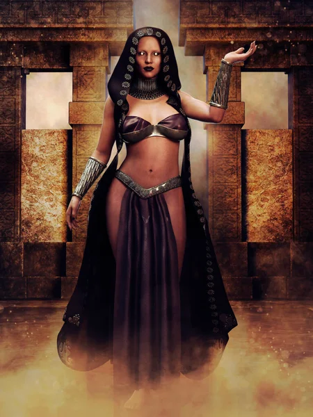 Fantasy Priestess Dancing Pose Front Old Ruined Gateway Render — Stock Photo, Image