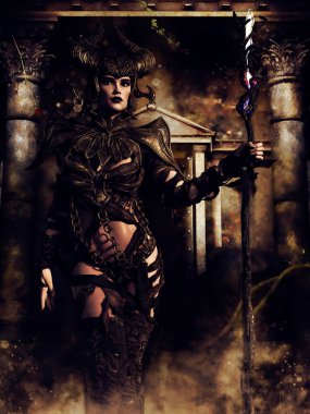 Karanlık bir büyücünün elinde kristal bir değnekle tapınak kapısının önünde durduğu bir fantezi sahnesi. 3 Boyutlu Hazırlama.