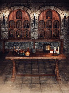 Simya iksirleri, kitaplar ve mumlarla dolu ahşap bir masası olan fantezi odası. 3 Boyutlu Hazırlama. 