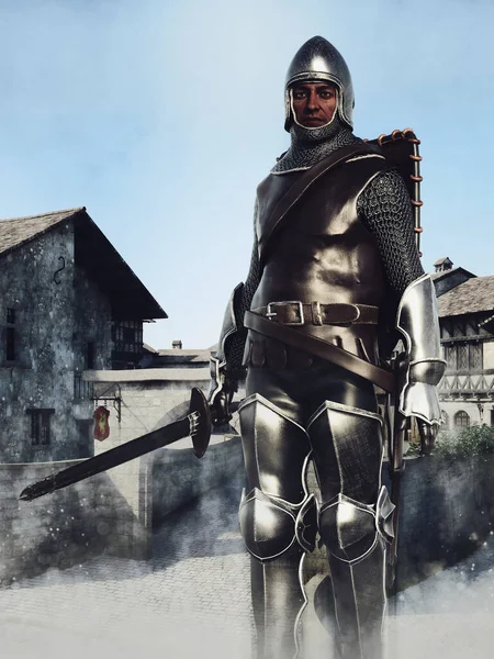 Fantasy knight in full plate armor holding a sword and standing in a street of a medieval town. 3D render.