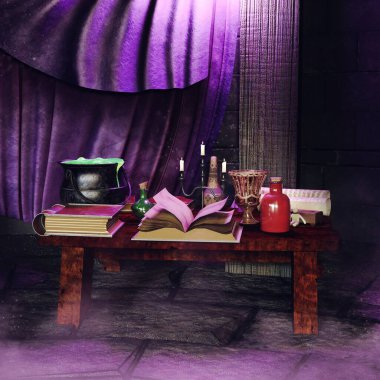 Sihir, kazan, iksir ve şamdanla dolu bir masa hayal et. 3 Boyutlu Hazırlama. 