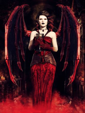 Fantasy scene with a vampire angel standing in red mist and holding a chalice filled with blood. 3D render.