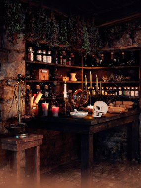 Fantasy herbalist room with plants, potions, ingredients, and paper scrolls with recipes. 3D render.
