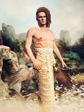 Güneşli bir günde kayalık bir gölün kıyısında güneşlenen fantezi deniz adamı. 3 Boyutlu Hazırlama.