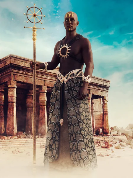 Fantasía Antiguo Sacerdote Egipcio Sosteniendo Bastón Sol Pie Frente Templo —  Fotos de Stock