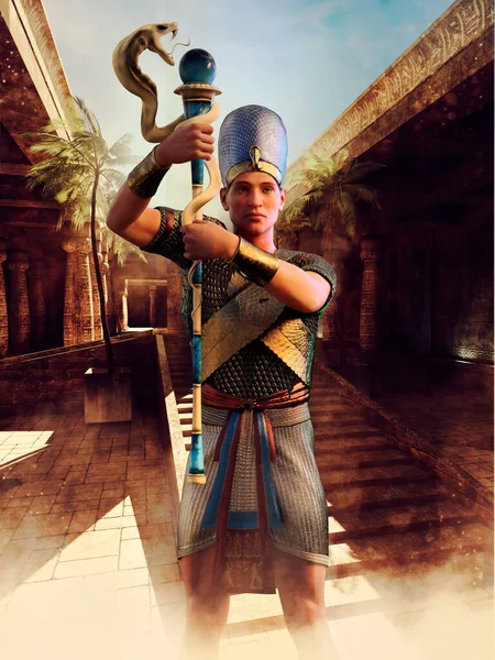 古代エジプトの僧がコブラの杖を持って寺院の前に立っている幻想的なシーン 3Dレンダリング — ストック写真