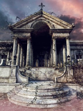 Üzerinde fenerler, sarmaşıklar ve haç olan eski bir mezarlık şapeli olan gotik bir sahne. 3 Boyutlu Hazırlama.
