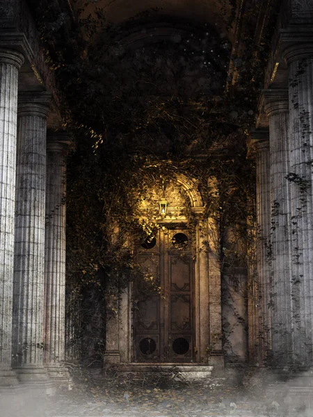 Scena Gotycka Drzwiami Starego Kościoła Porośniętego Winoroślami Latarnią Wierzchu Renderowanie — Zdjęcie stockowe