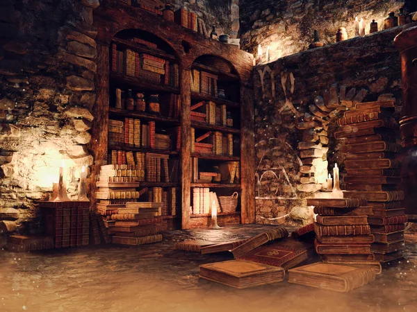 Тёмная Сцена Выдуманной Комнатой Старыми Книгами Свечами Алхимическими Символами Стенах — стоковое фото
