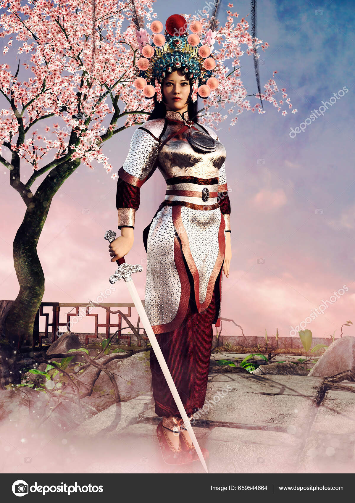Fantasy Scene Japanese Female Warrior Standing Sword Next Cherry