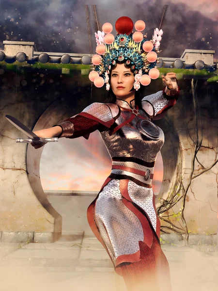Fantasy Scene Female Warrior Standing Fighting Pose Gate Render — Stock Photo, Image