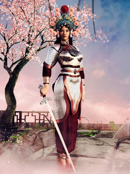 桜の木の横に剣で立っている日本の女性戦士とファンタジーシーン 3Dレンダリング — ストック写真