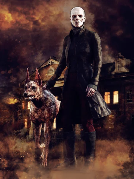 Тёмная Сцена Нежити Человеком Гуляющим Своей Зомби Собакой Ночью Возле — стоковое фото