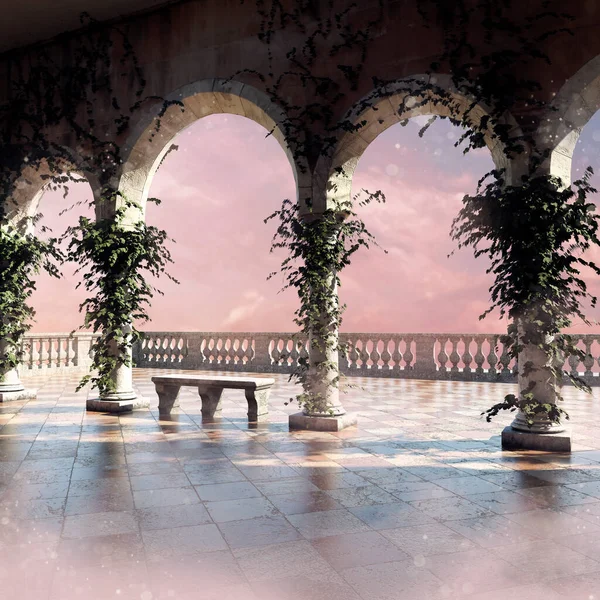 幻想场景 院子里有拱门 柱子上有常春藤 后面有粉红的天空 3D渲染 免版税图库图片